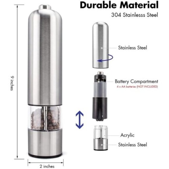 2-Pack Electric Salt & Pepper Grinder Set, Stainless Steel - Picture 4 of 5